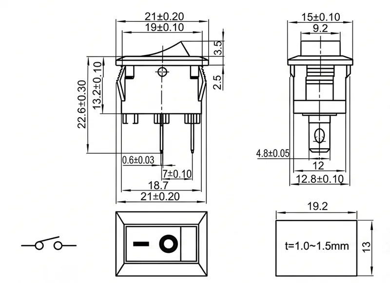 KCD1-101-1 2 pin ON OFF boatlike rocker switch panel mount