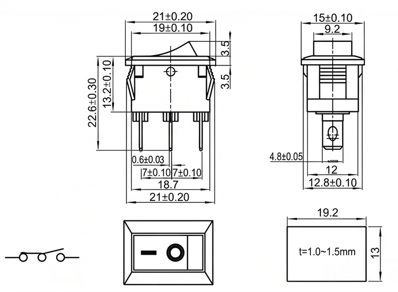 KCD1-101-2 3 pin ON OFF boat rocker switch panel mount
