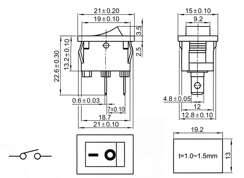 KCD1-102-1 2 pin ON OFF rocker switch boat switch panel mount