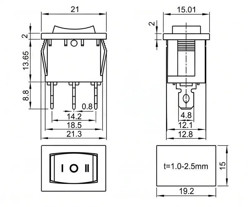 KCD1-102-6 3 pin ON-OFF-ON rocker switch panel mount boat switch