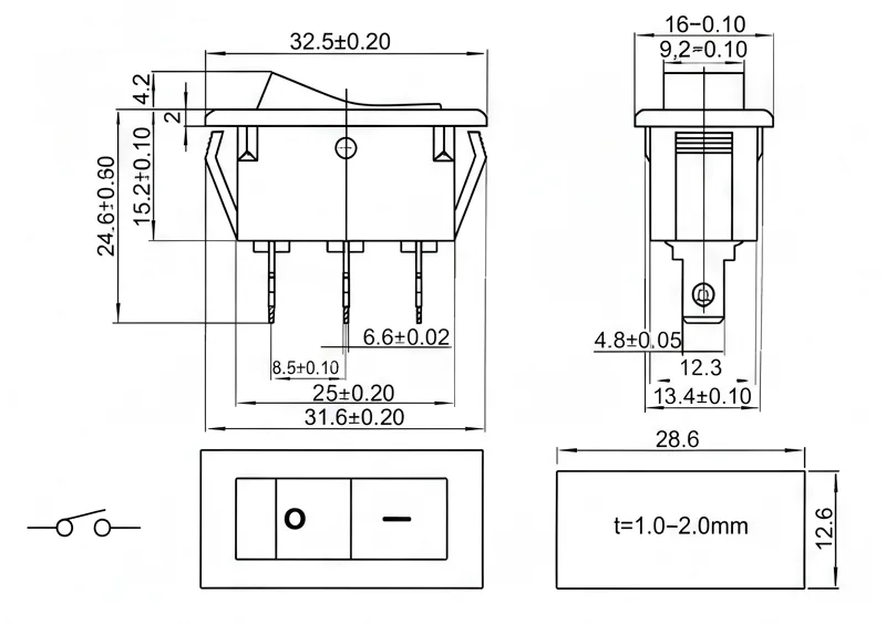 KCD1-103-2 3 pin ON OFF rocker switch panel mount boat switch