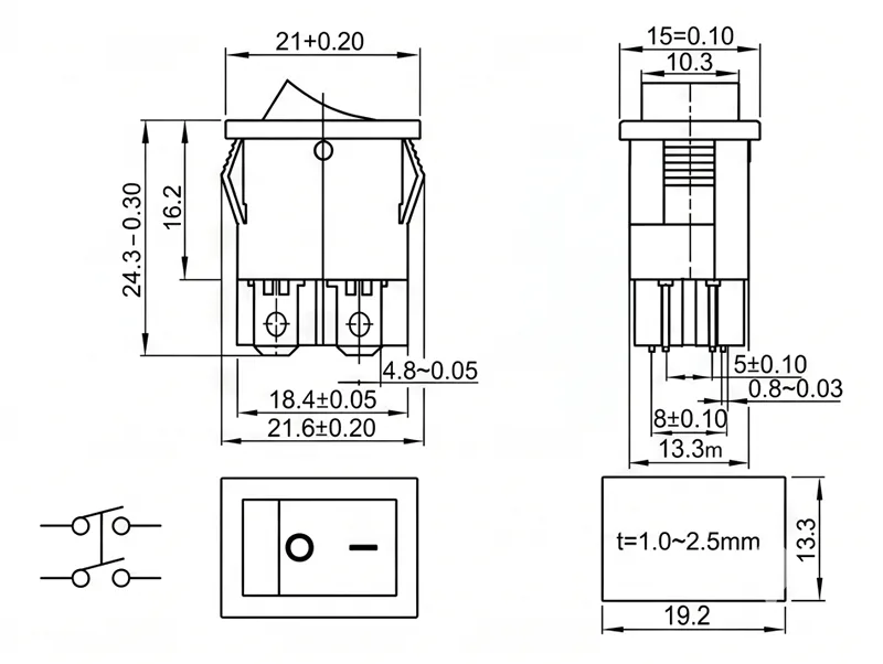 KCD1-104-3 4 pin dual circuit ON OFF rocker switch panel mount