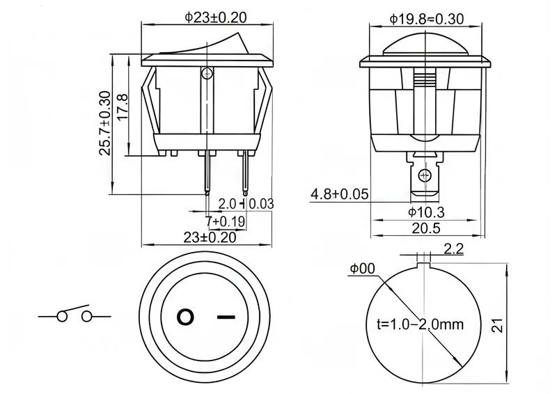 KCD1-105-1 2 pin ON OFF boatlike rocker switch panel mount