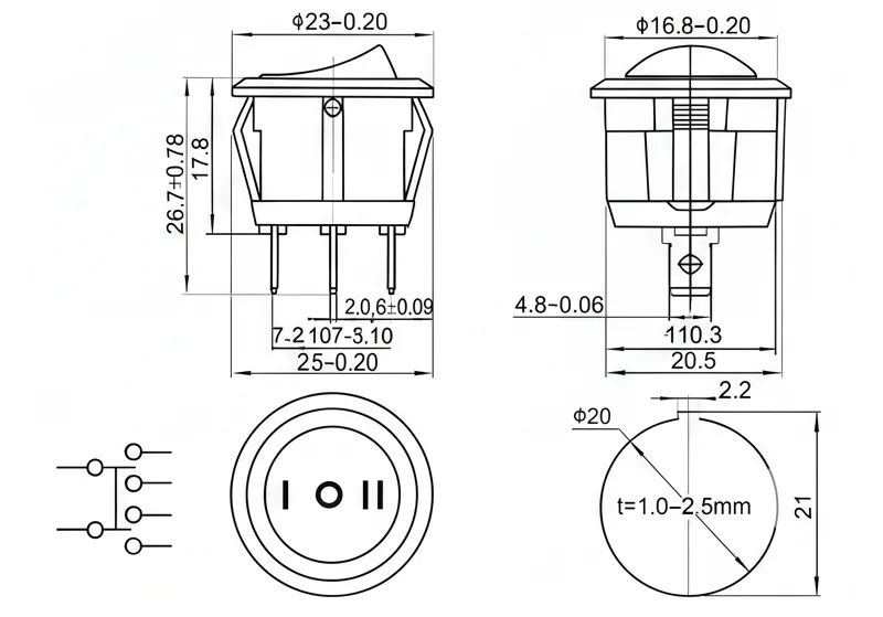 KCD1-105-2 3 pin ON-OFF-ON rocker switch panel mount boat switch