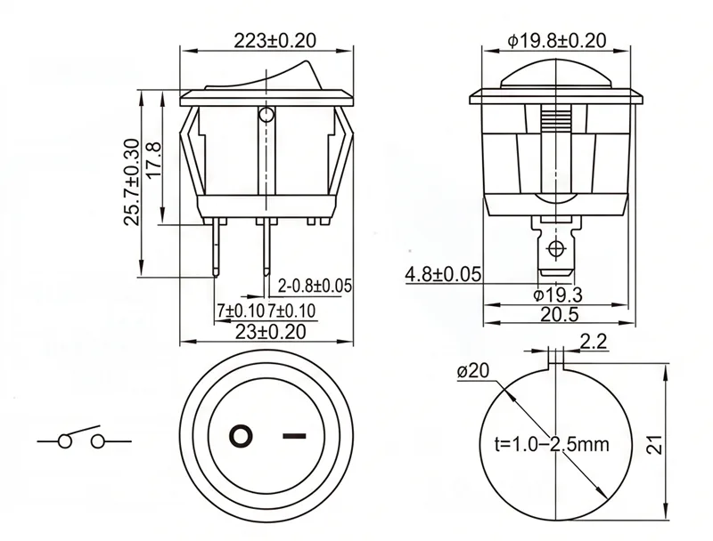 KCD1-105-3 2 pin ON OFF boatlike rocker switch panel mount