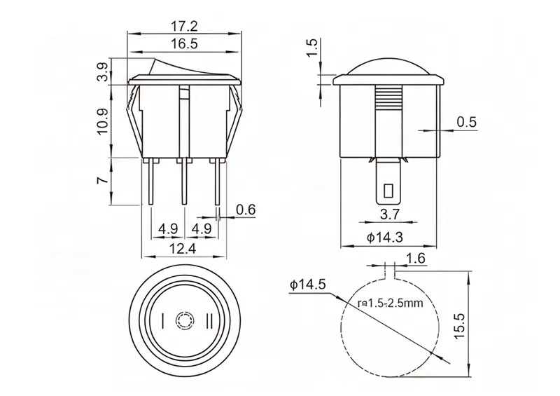 KCD1-105-11 3 pin ON OFF ON rocker switch panel mount