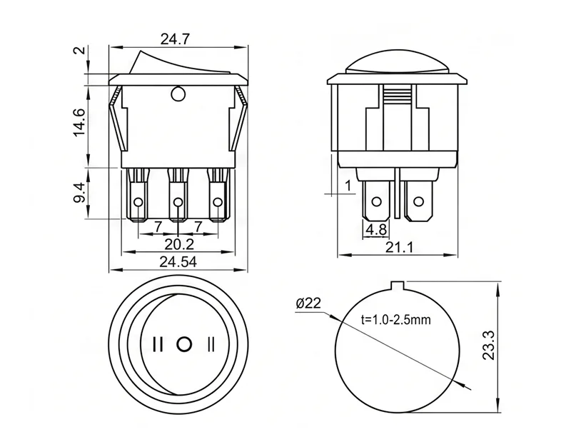 KCD1-105-14 6 pin ON OFF ON rocker switch dual circuit DPDT