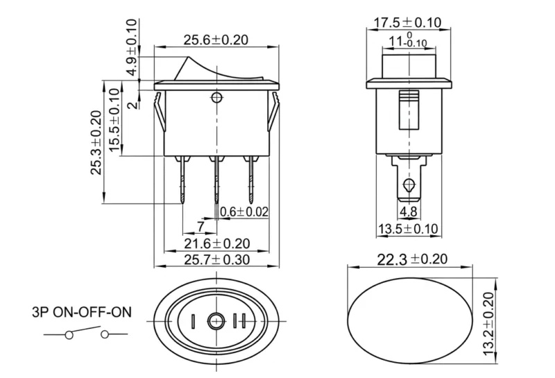 KCD1-106-3 3 pin ON-OFF-ON rocker switch panel mount boat switch