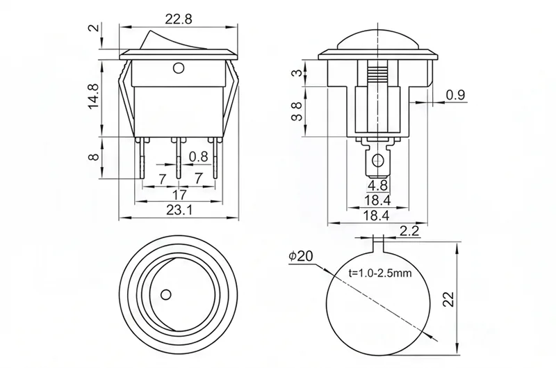 KCD1-107-N-2 3 pin ON OFF illuminated rocker switch panel mount