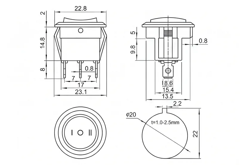 KCD1-107-3 3 pin ON-OFF-ON rocker switch panel mount boat switch