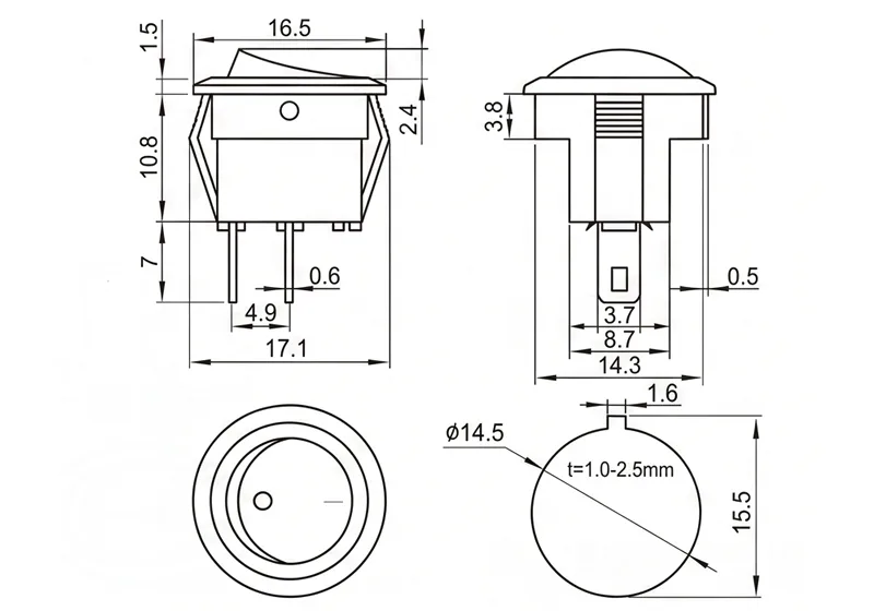 KCD1-107-5 2 pin ON OFF rocker switch boatlike panel mount