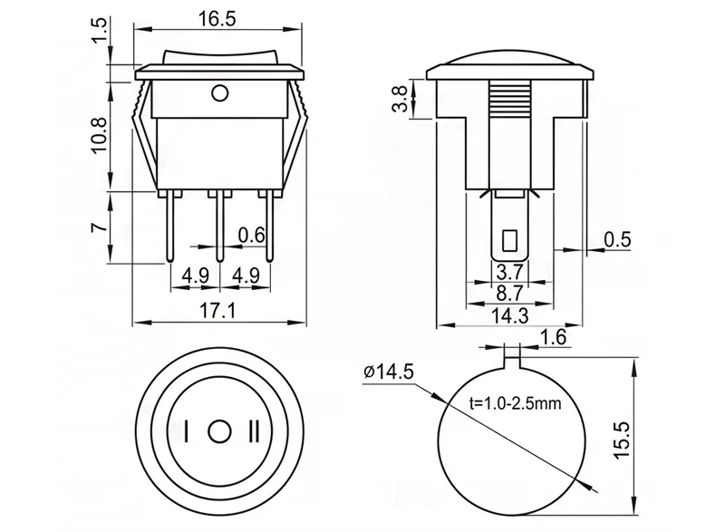 KCD1-107-6 3 pin ON-OFF-ON rocker switch panel mount boat switch