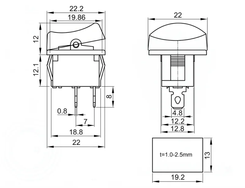 KCD1-108-1 2 pin ON OFF rocker switch boatlike panel mount