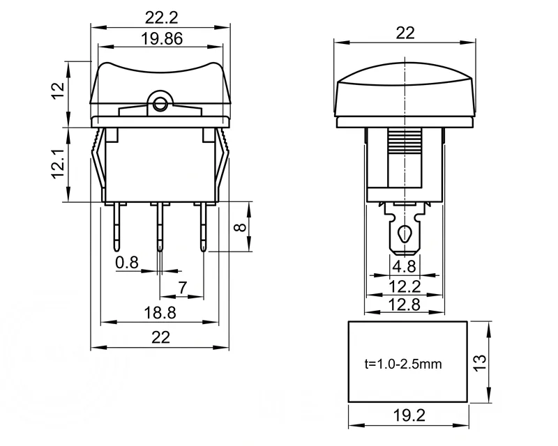 KCD1-108-2 3 pin ON-OFF-ON rocker switch panel mount boat switch