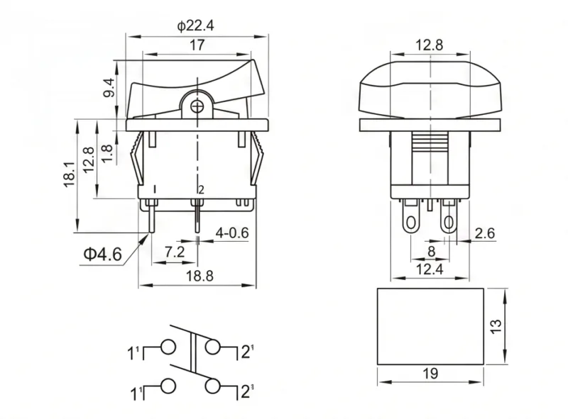KCD1-108-3 4 pin dual circuit ON OFF rocker switch panel mount