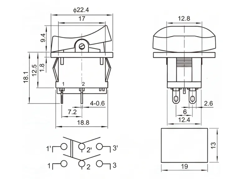 KCD1-108-4 6 pin dual circuit ON-OFF-ON rocker switch panel mount