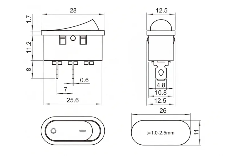 KCD1-109-1 2 pin ON OFF panel mount boatlike rocker switch