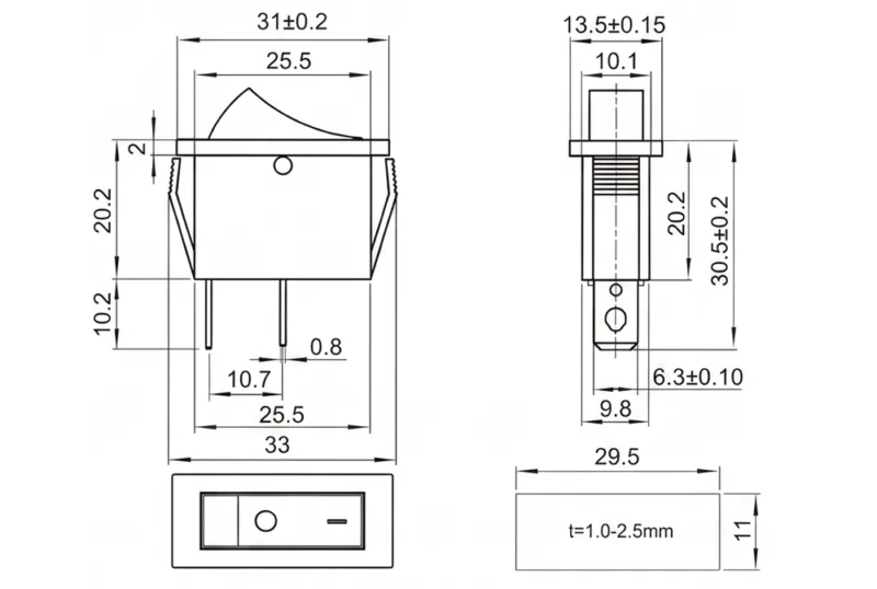 KCD3-101-1 2 pin ON OFF rocker switch panel mount
