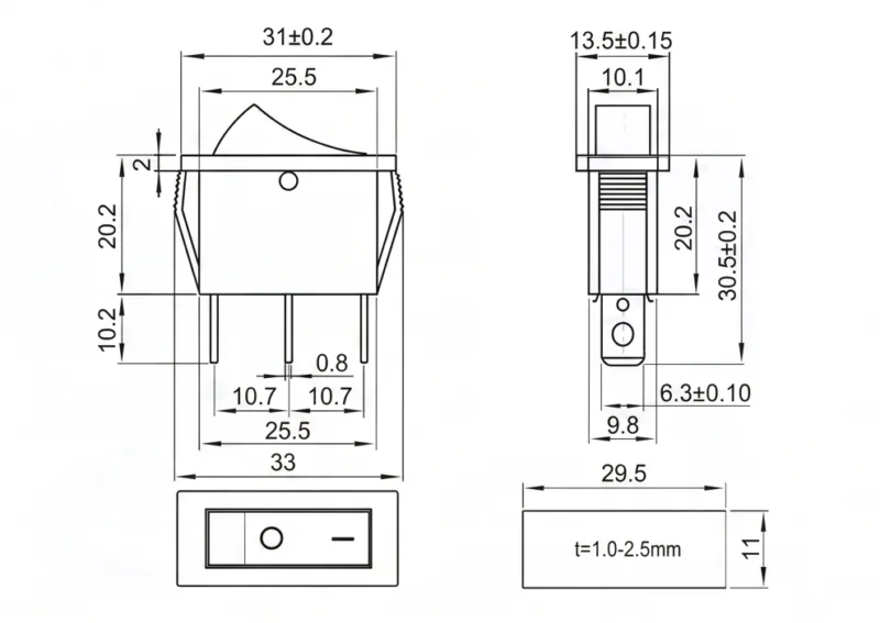 KCD3-101-2 3 pin ON OFF rocker switch panel mount