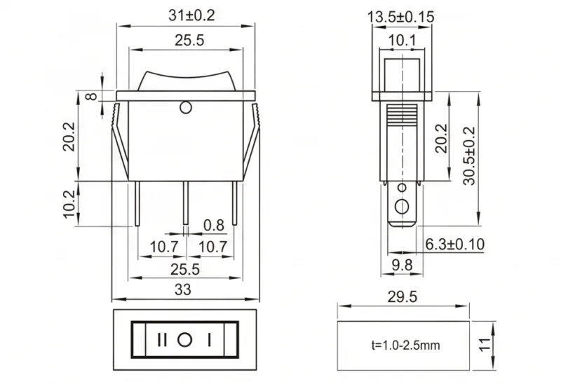 KCD3-101-3 3 pin ON-OFF-ON rocker switch panel mount